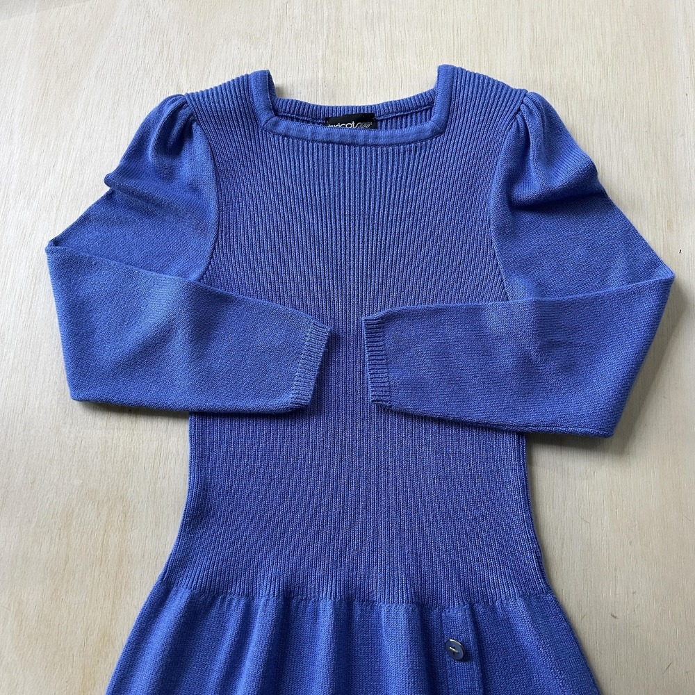 Vintage Tricot Dress Womens XS Blue Knit Long Sleeve Square Neck Knee Length